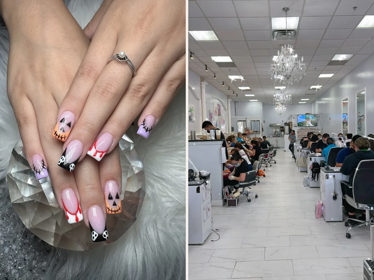 A clean nail salon with multiple workstations.